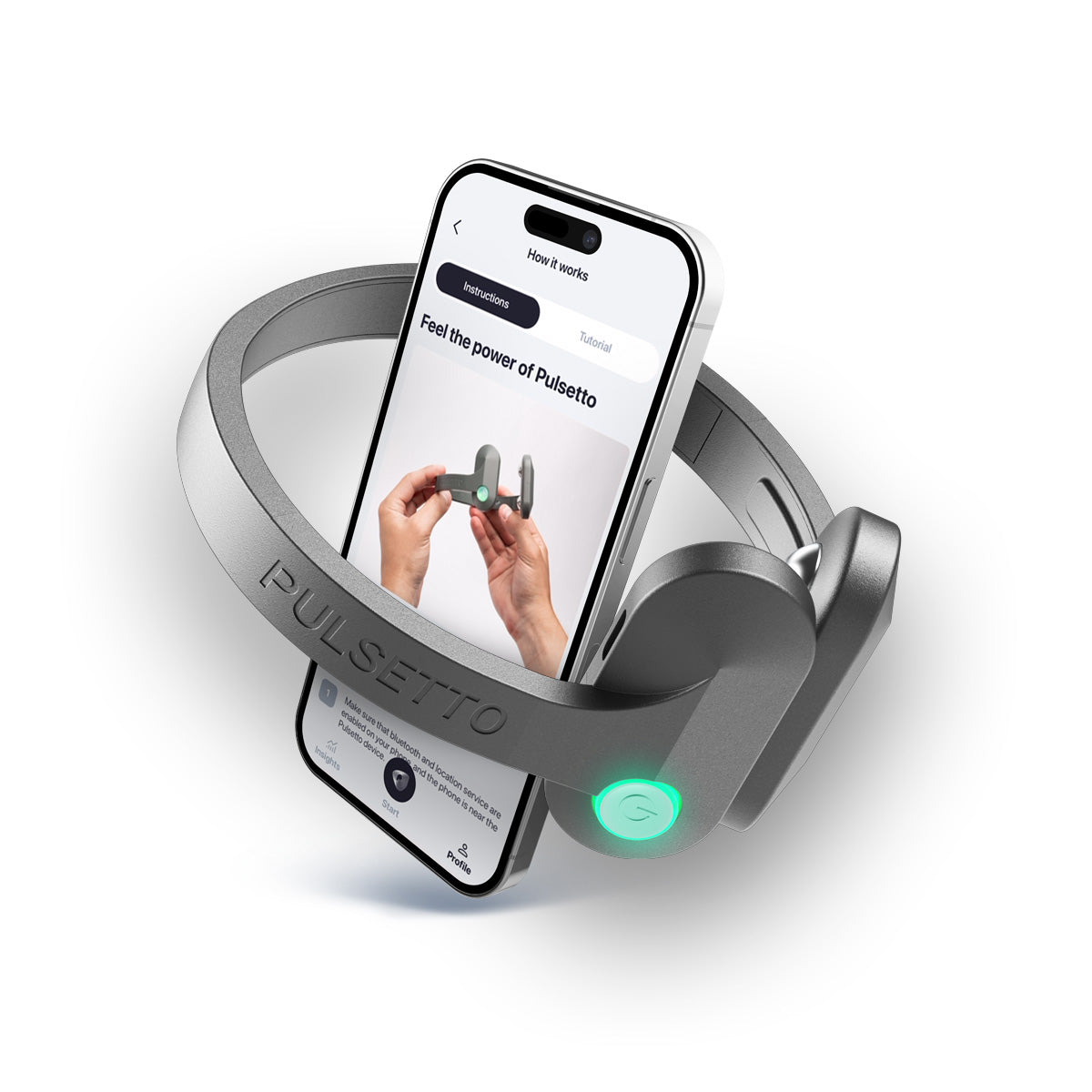 Pulsetto neurostimulator met smartphone en app aan de binnenkant