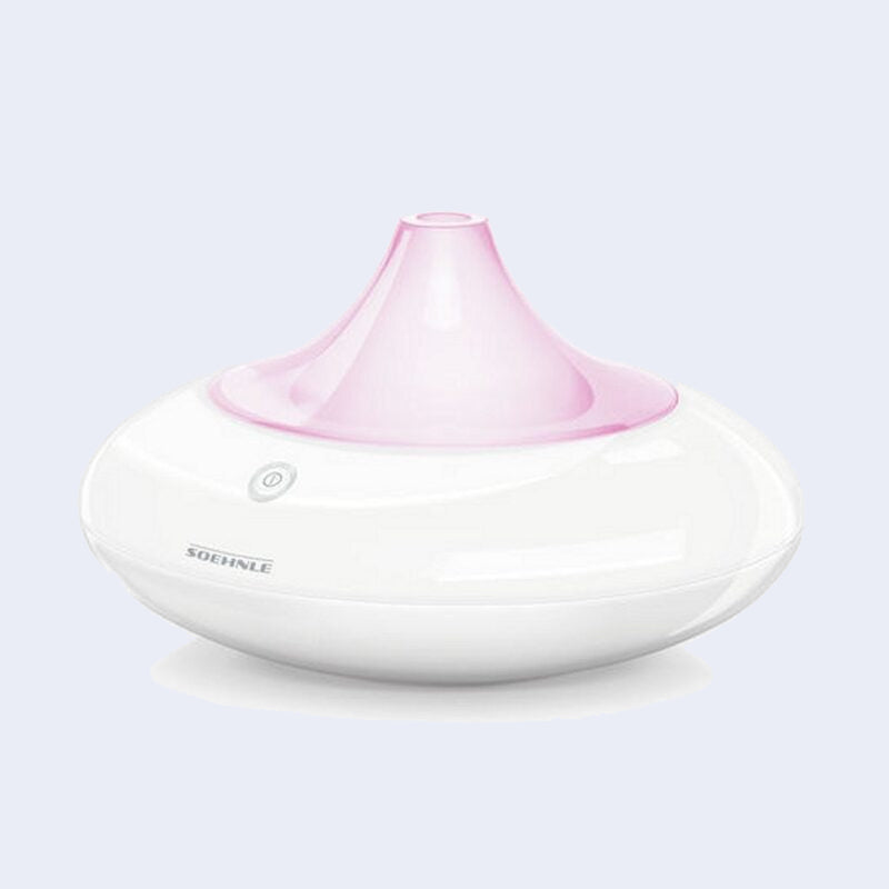Soehnle aromatherapie diffuser met roze verlichting op witte achtergrond — essentiële oliën voor ontspanning en betere slaap