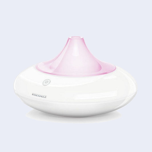 Soehnle aromatherapie diffuser met roze verlichting op witte achtergrond — essentiële oliën voor ontspanning en betere slaap