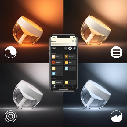 4 verschillende standen van de philips hue iris lamp met de app op een mobiele telefoon