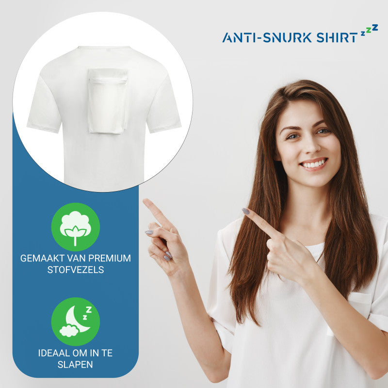 Anti Snurk Shirt Pro Unisex fit voordelen met wijzende vrouw