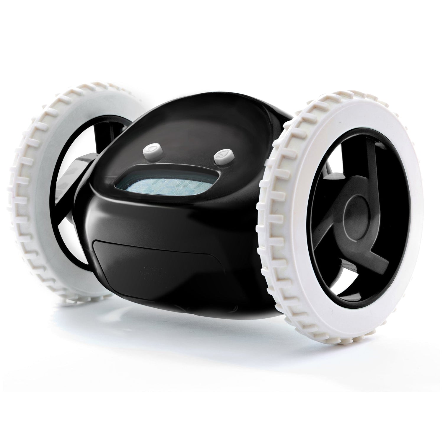 Close up clocky chrome alarmklok zwart schuin perspectief