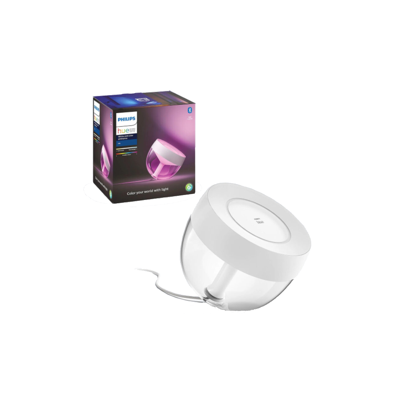 philips hue iris tafellamp met een afbeelding van de verpakking van de lamp zelf